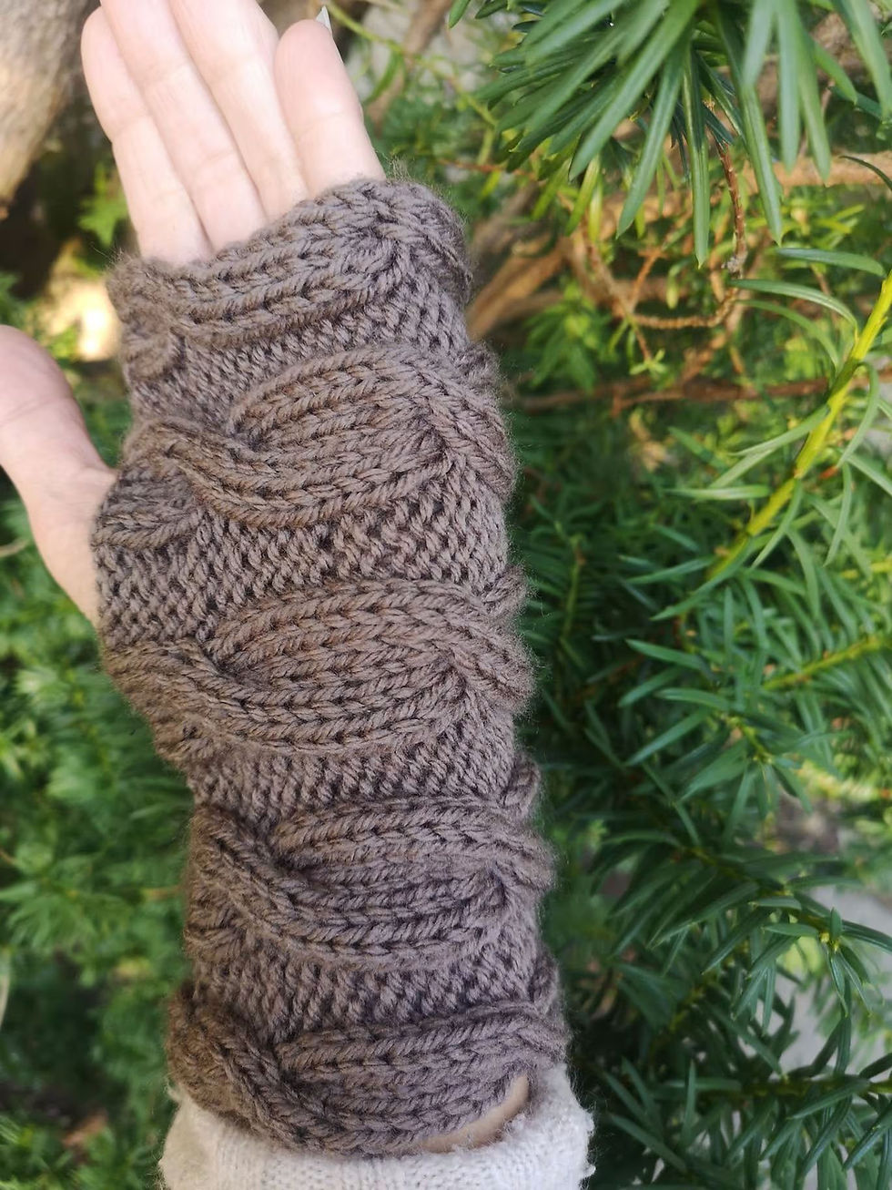 Thumbnail: Truffle Brown Fingerless Cable Knit Gloves