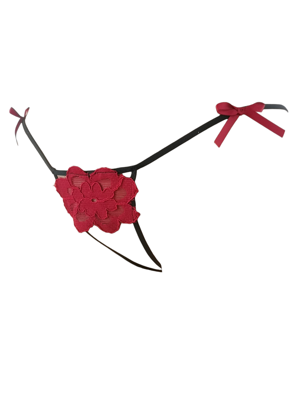 Red Bows Open Lace Flower Thong Bottoms Handmade in Canada