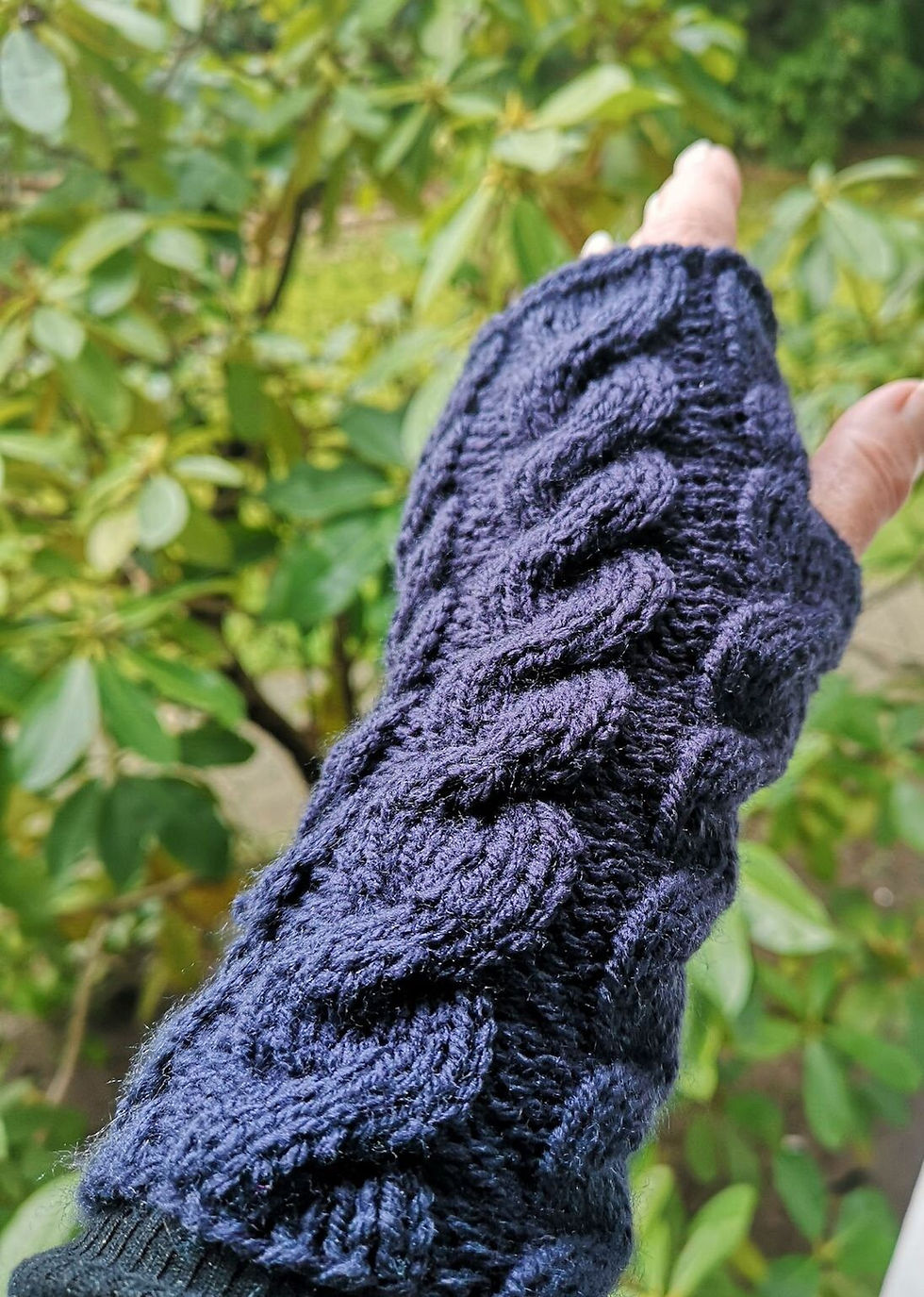 Thumbnail: Navy Blue HandKnit Twist Fingerless Texting Gloves made by Rolollo Canada