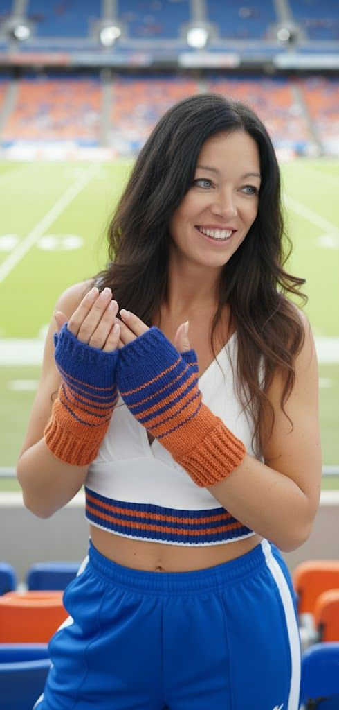 Blue and Orange Fingerless Handknit Gloves Mittens For Sports Fans