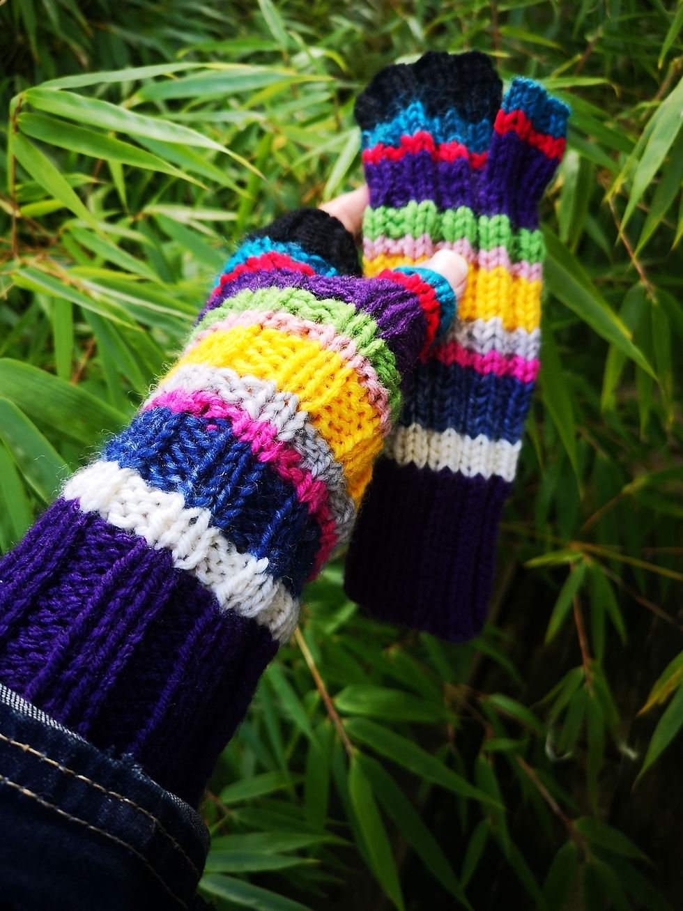 Striped Multicolor Knit Fingerless Unisex Gloves Mittens
