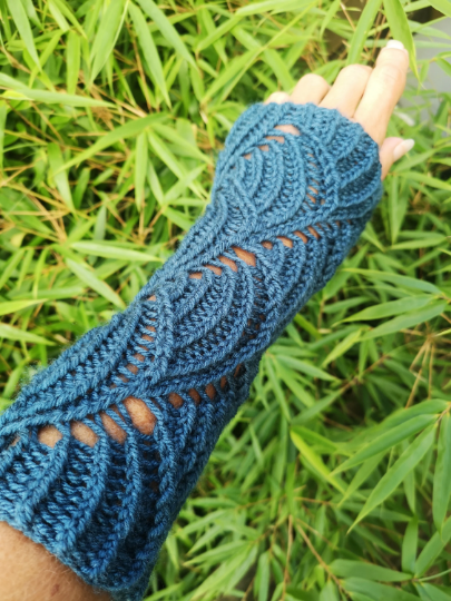 Thumbnail: Peacock Blue Waves Hand Knit Fingerless Gloves Made in Canada