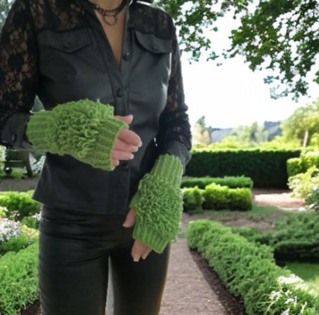 Thumbnail: Rolollo Knit Fingerless Loop Designer Gloves Mittens Arm Warmers Glovelets Green Handmade
