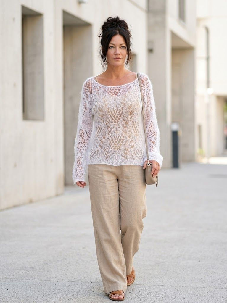 Thumbnail: Snow Whisper Openwork Cable Knit Pullover – Handmade Lightweight Sweater | Elegant Knit Top