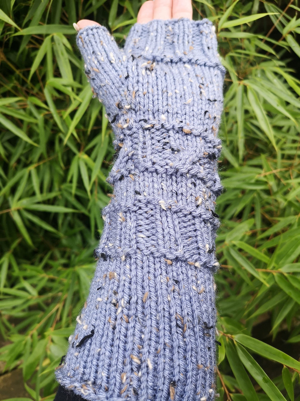 Thumbnail: Denim Blue Warm Handmade Tweed Knit Fingerless Gloves Mittens Arm Warmer