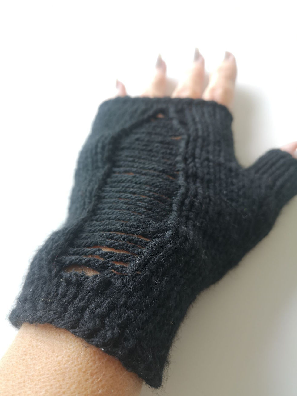 Thumbnail: Black Distressed Fingerless Gloves – Handknit Y2K Grunge Style
