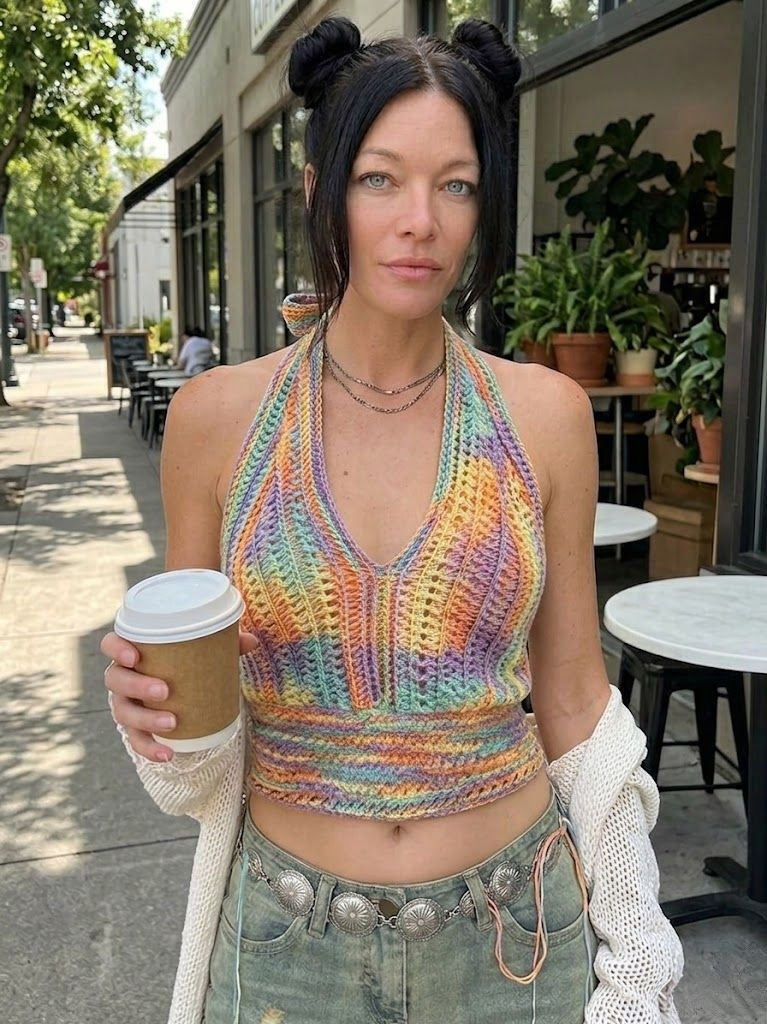 Crochet Cami Halter Top, ties behind neck Color multicolor