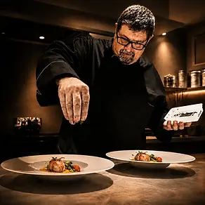 Chef privé finalisant le dressage des assiettes pour un dîner pendant un séjour
