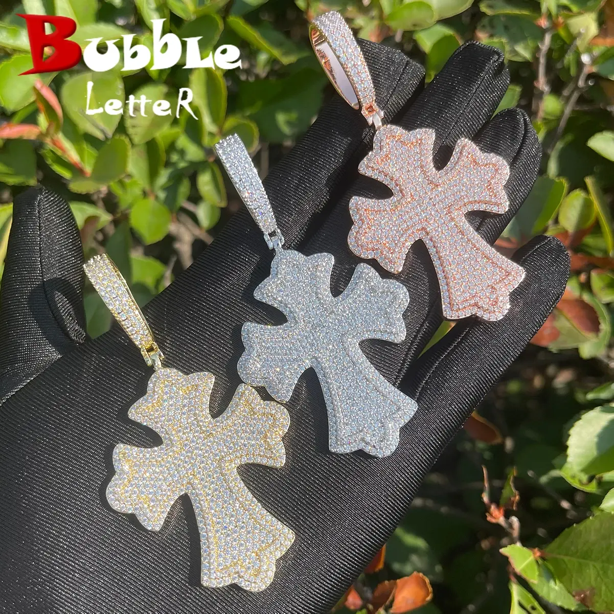 Bubble Letter Iced Out Cross Necklace for Men Prong Setting Cubic Zirconia Real