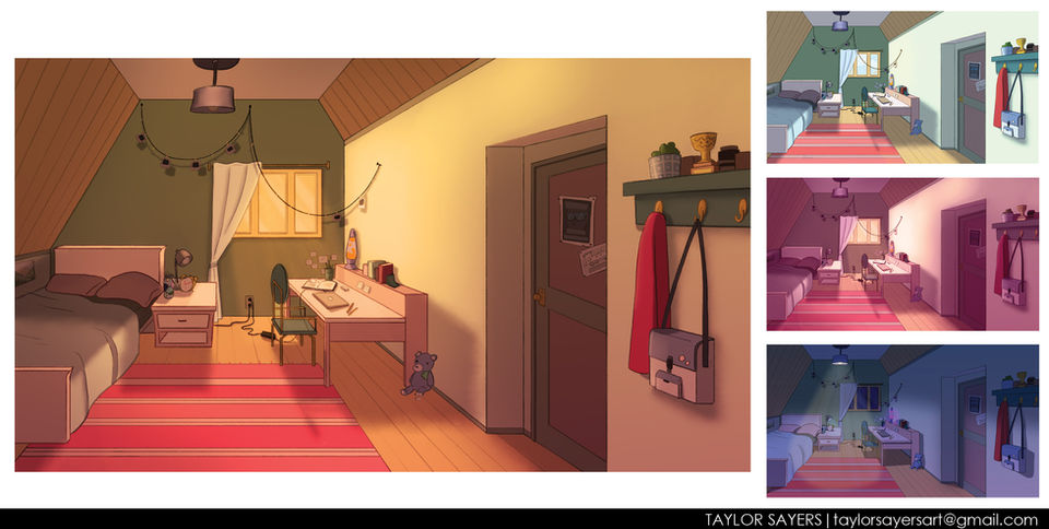 4 lighting variations of a bedroom