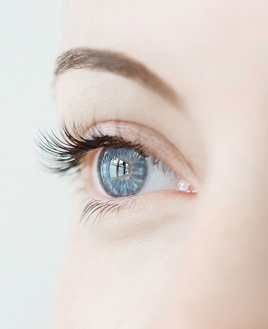 A blue eye of caucasian woman with lush eyelashes