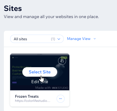 Wix Studio account dashboard showing Sites with All sites filter, Manage View, and a site card with "Select Site" and "Edit Site" buttons