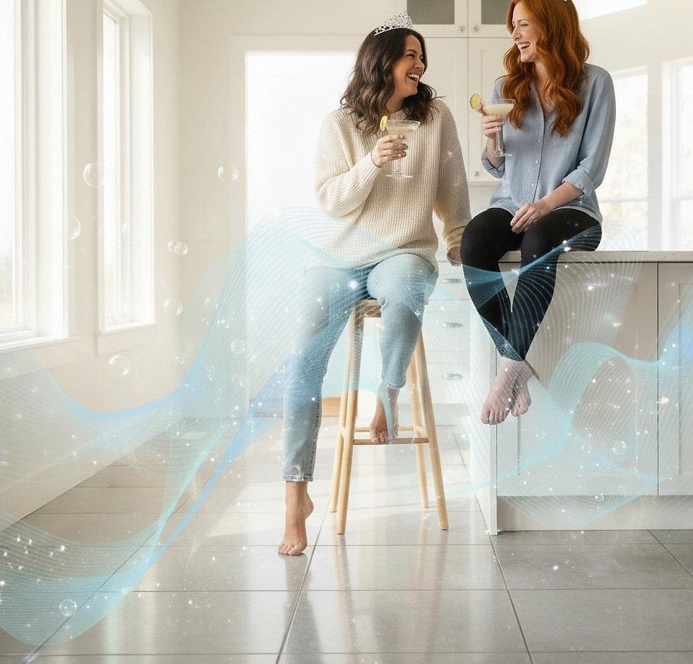 Brook and Paige with crowns, A redhead and brunette, enjoy cocktails in a kitchen with shi