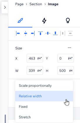 Screenshot of a Responsive design editor side panel showing Size controls and a dropdown with Relative width selected.