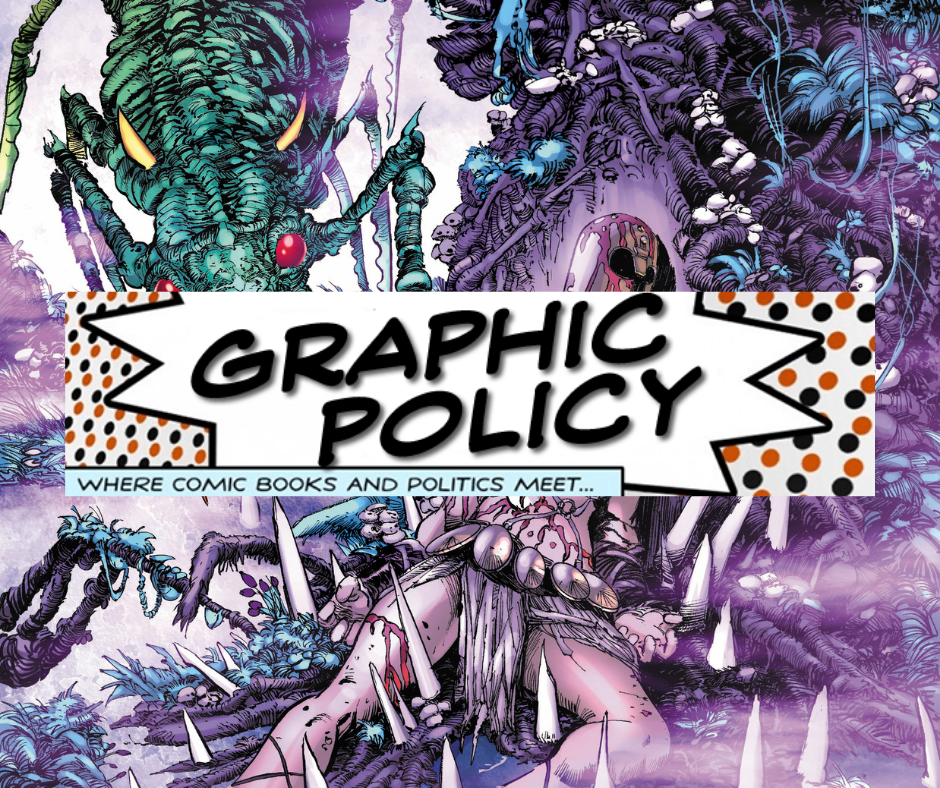 "Graphic Policy" logo, "where comic books and politics meet"