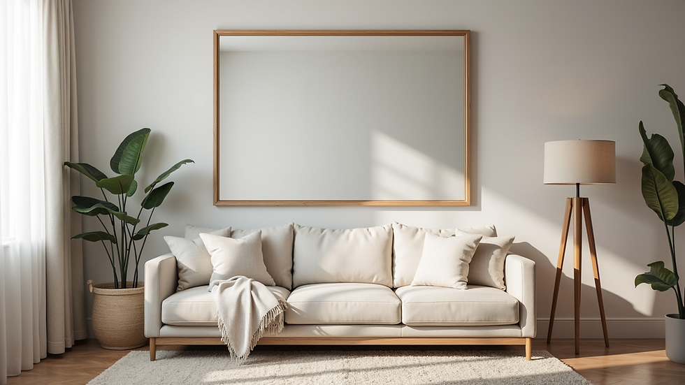 Eye-level view of a large rectangular wall mirror with a wooden frame in a modern living room