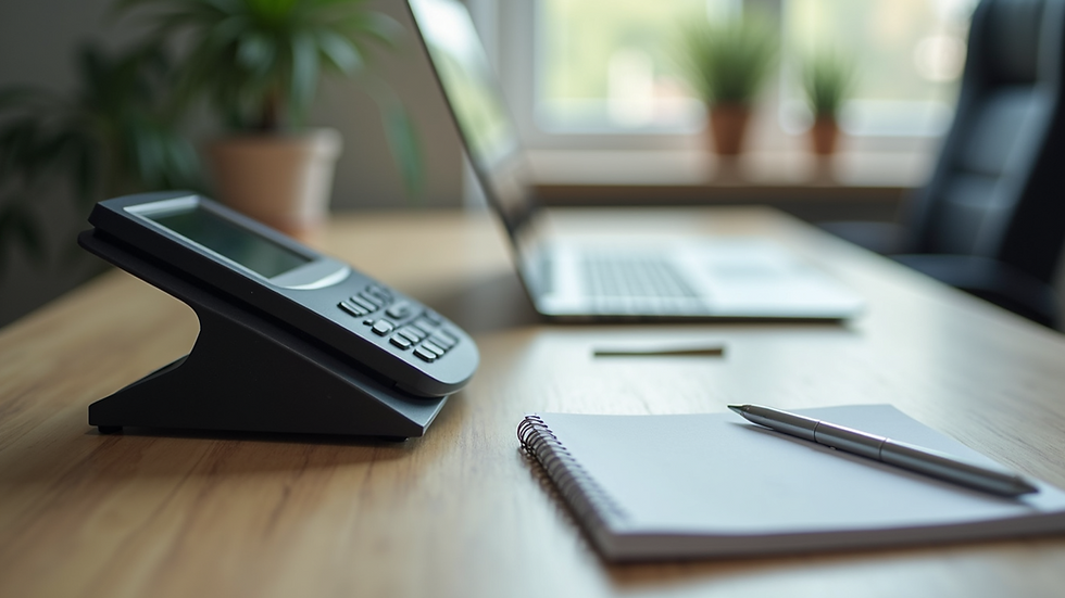 Eye-level view of a modern office desk with a phone and notepad