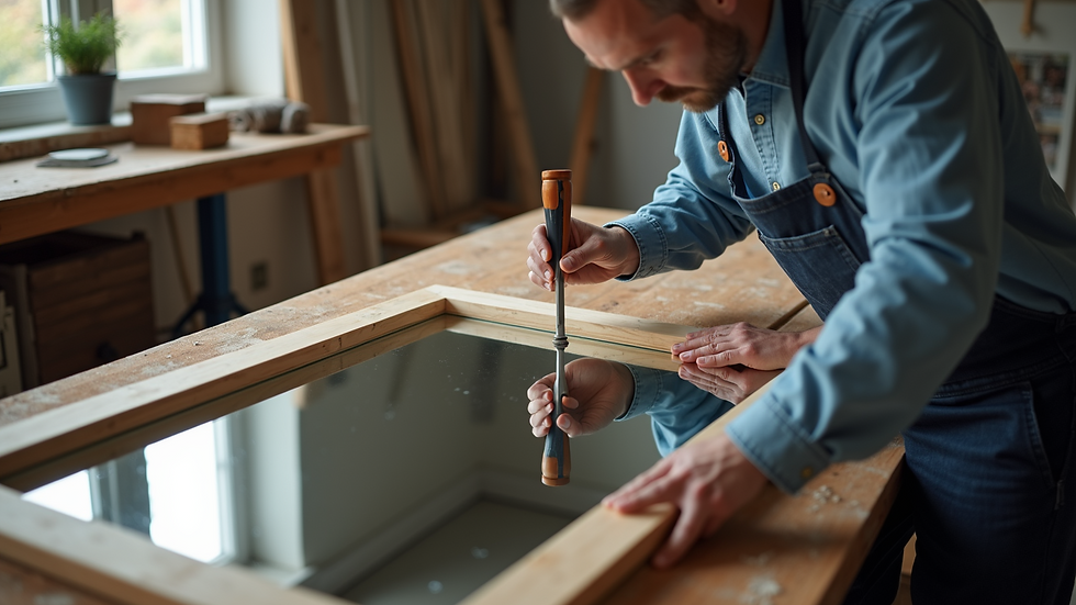 High angle view of a craftsman assembling a mirror frame