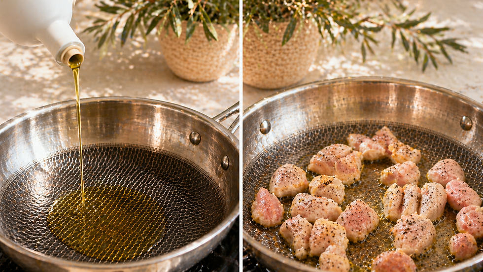 Olive oil being poured into a pan and chicken sautéing in a skillet in a bright Mediterranean-style kitchen