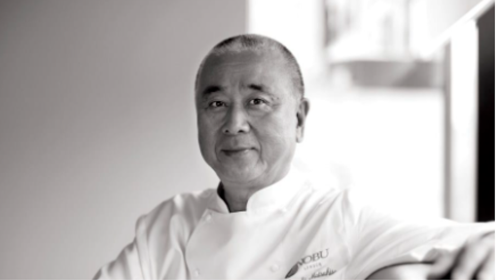 Black-and-white portrait of world-renowned chef Nobu Matsuhisa, whose annual visits to Athens have become a cherished tradition for the PJ Kabos family.