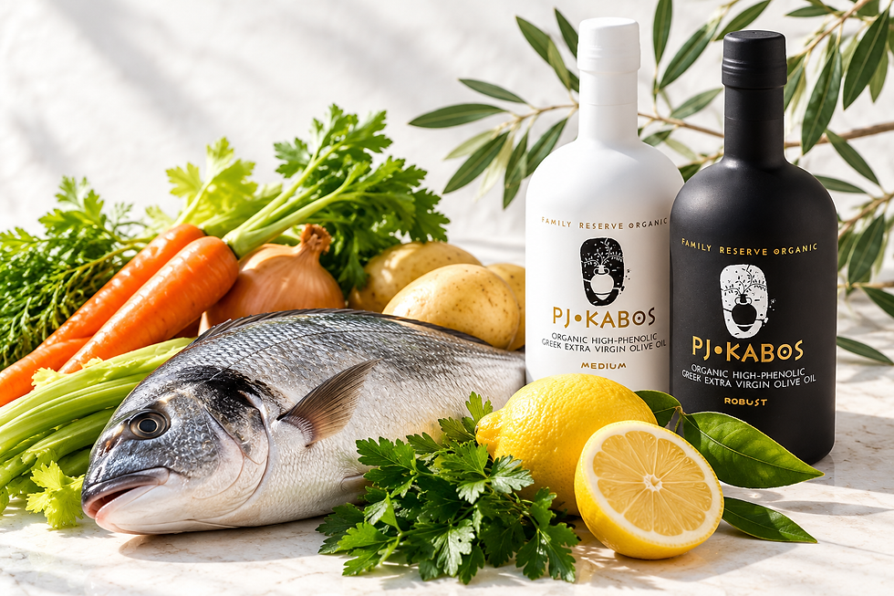 Whole fresh fish with potatoes, carrots, celery, onions and lemon beside PJ Kabos Medium and Robust high-phenolic extra virgin olive oil.