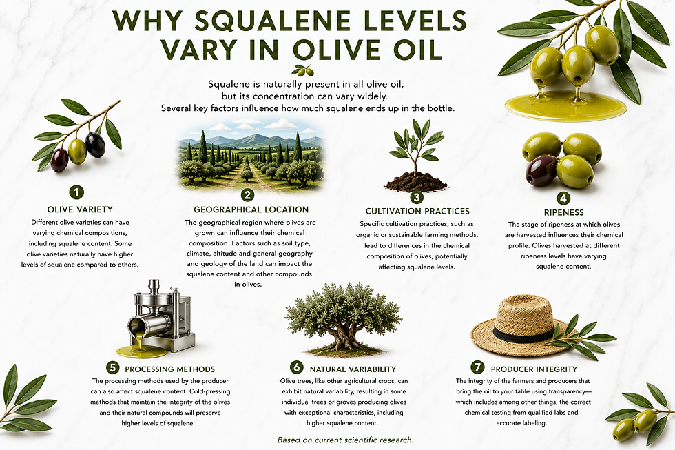 Infographic showing the main factors that influence squalene levels in extra virgin olive oil, including olive variety, geography, cultivation, ripeness, processing methods, natural variability, and producer integrity.