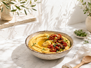 Greek Fava with sun-dried tomatoes, fresh herbs, and extra virgin olive oil.