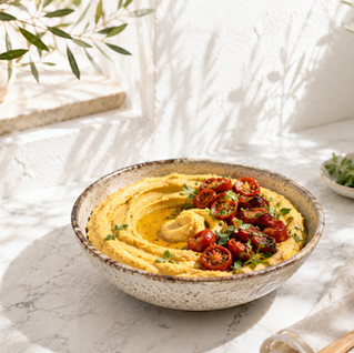 Greek Fava with sun-dried tomatoes, fresh herbs, and extra virgin olive oil.