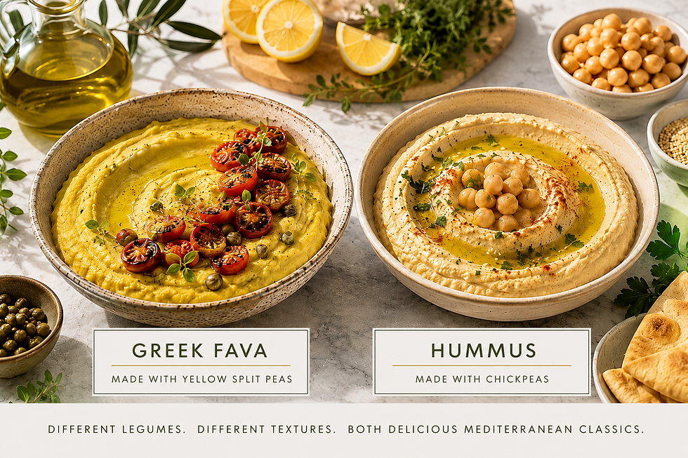 Greek Fava and Hummus set in bowls next to one another for comparison.