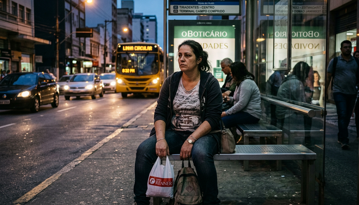 Eye-level view of a tired retail worker waiting at a bus stop after a long shift