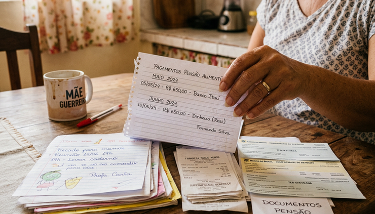 Close-up of a hand organizing receipts, school notes, and payment records on a kitchen table