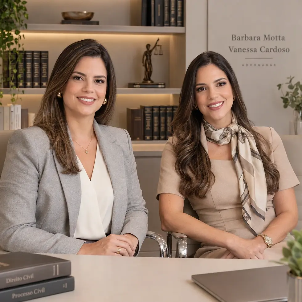 Studio photography of two professional women smiling at the camera in a modern, sophisticated law office setting. They are seated in front of a bookshelf with legal decor, creating a welcoming and authoritative atmosphere.