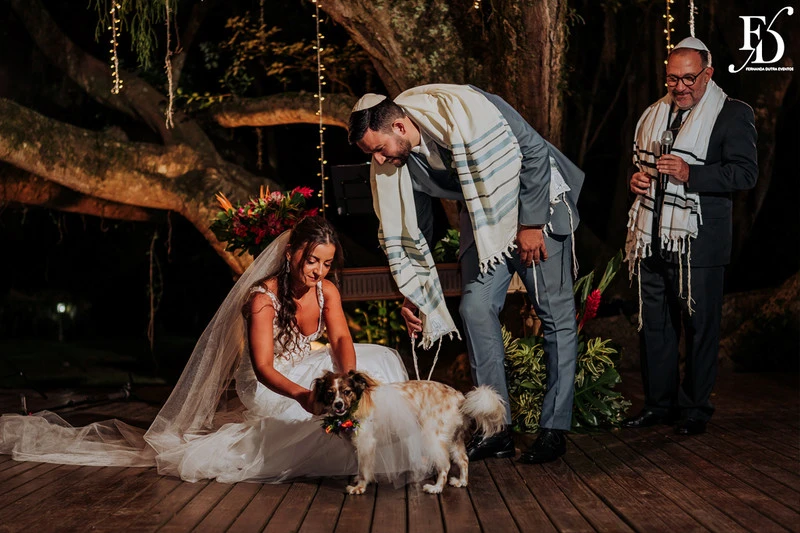 casamento judaico realizado no sítio da figueira em porto alegre com decoração exuberante botânica tropical festa linda com passarela de espelho cerimônia de casamento ao ar livre por life eventos especiais cerimonialista em porto alegre organização de casamentos cerimonia ao ar livre cachorro na cerimonia