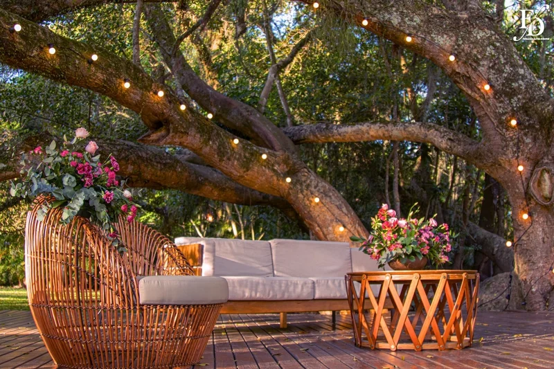 Lounge externo com sofá e varal de luzes sob a figueira.