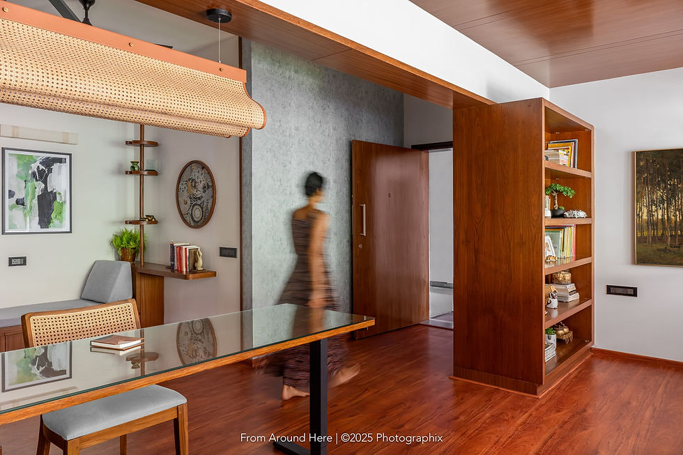 Home office with lotus leaf inspired shelving and ergonomic workspace