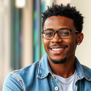 Smiling man in glasses and denim jacket stands by a building. Blurred urban background with warm, inviting colors.