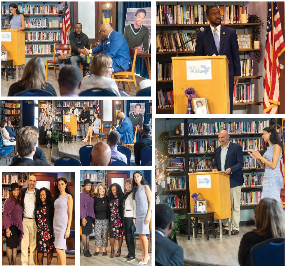 Collage of a library event with speakers at a PEACE MUSEUM podium, seated panelists, audience, bookshelves, American flag, and applause.