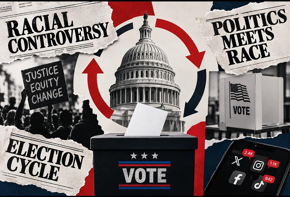 Collage of U.S. Capitol, ballot box, protest signs, vote booth and social media icons with headlines on racial politics and elections