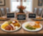Two plates with Thanksgiving meals on a table. Left plate labeled "2024: Abundance" with diverse food, right "2025: Value" with fewer items. Cozy dining room.