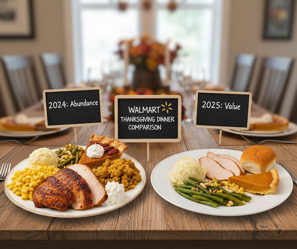 Two plates with Thanksgiving meals on a table. Left plate labeled "2024: Abundance" with diverse food, right "2025: Value" with fewer items. Cozy dining room.