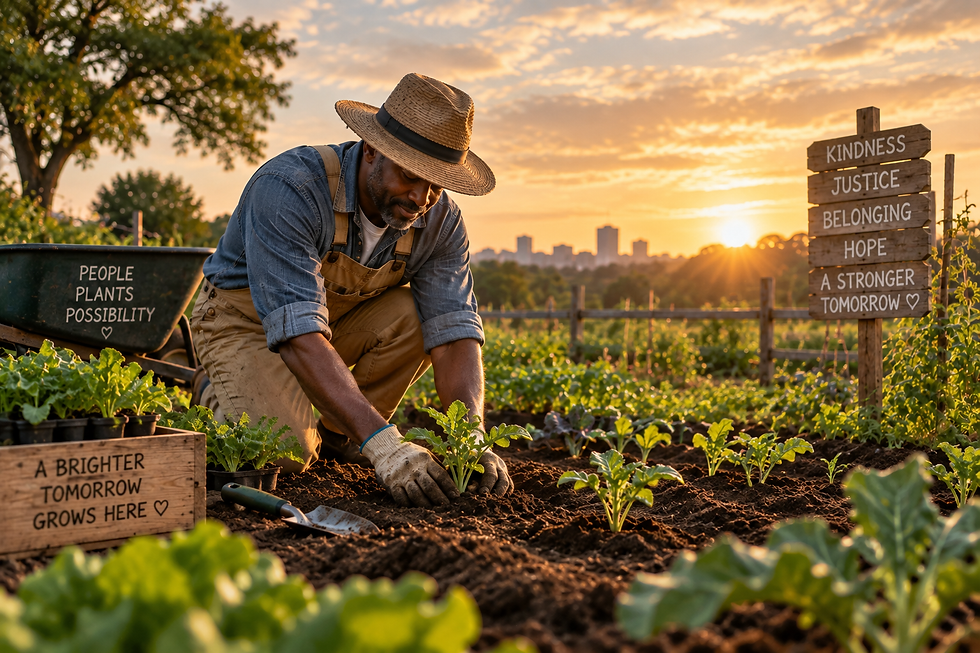 Man in straw hat plants seedlings at sunset in a garden with signs reading Kindness, Justice, Belonging, Hope.