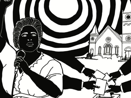 Black-and-white poster of a woman speaking at a microphone as hands cast ballots into a VOTE box, with a crowd, church, and flowers.