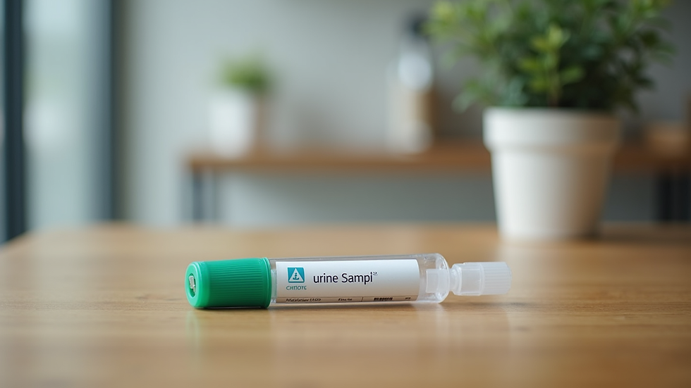 Eye-level view of a urine sample collection kit on a wooden table
