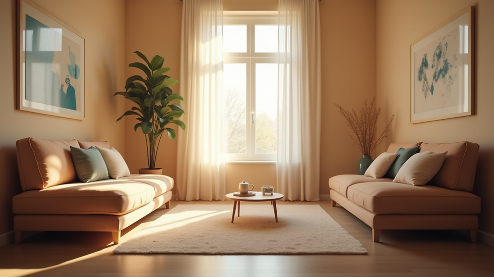 Eye-level view of a cozy birthing space with soft lighting and comfortable seating