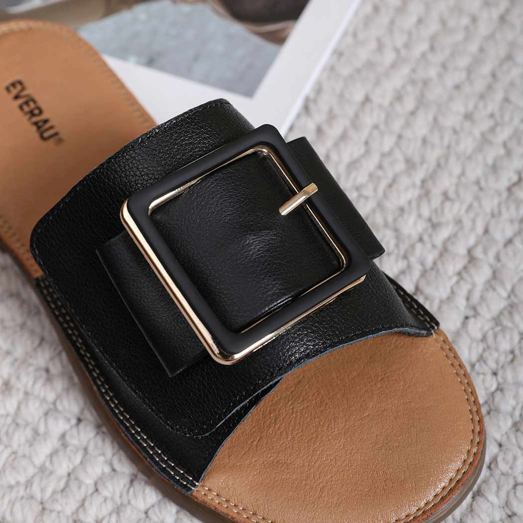 EVERAU® Women Leather Buckle Adjustable Ultra Soft Flat Slides Bera EA 7034