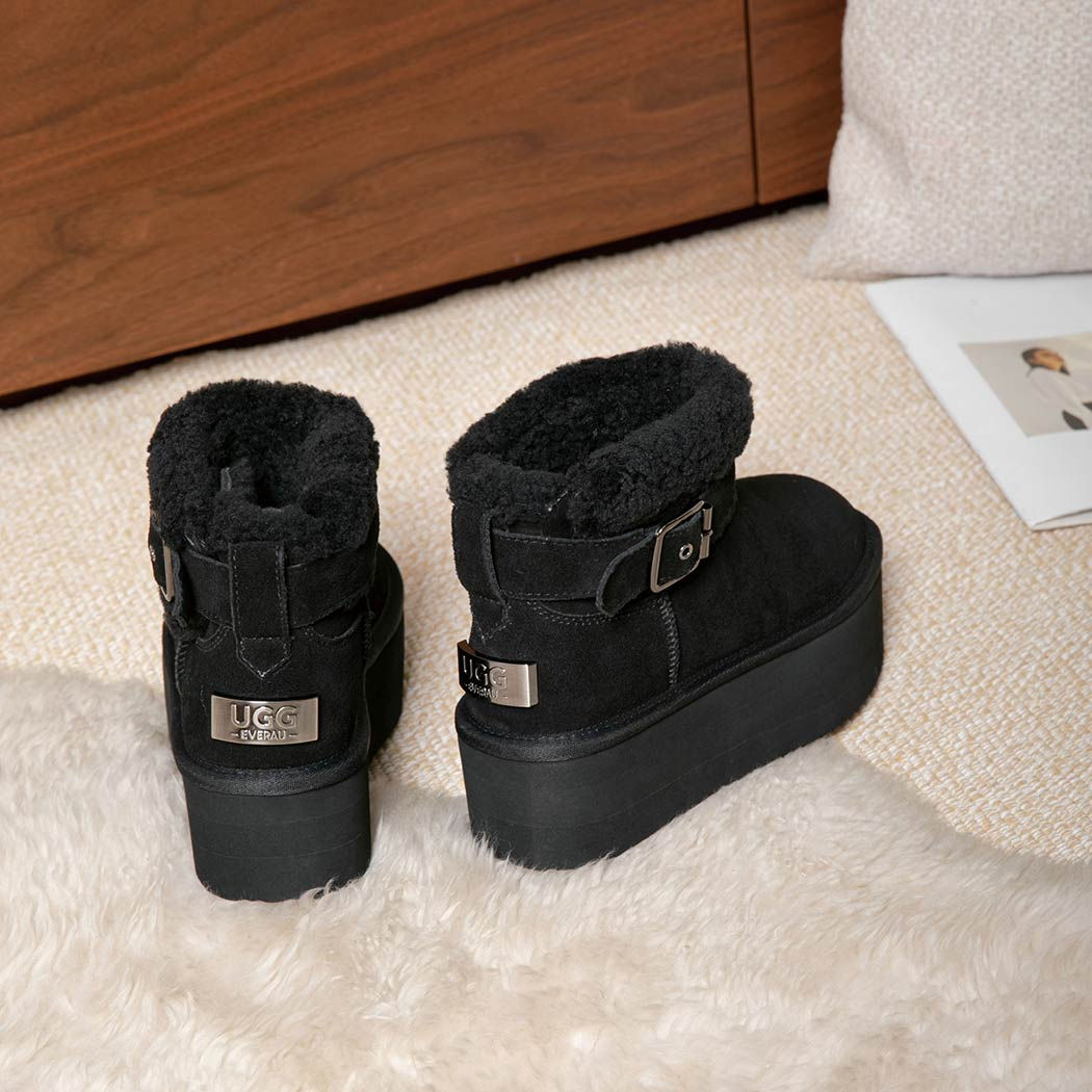 UGG EVERAU® UGG Sheepskin Wool Adjustable BuckleAnkle Platform Boots Ula EA 3157