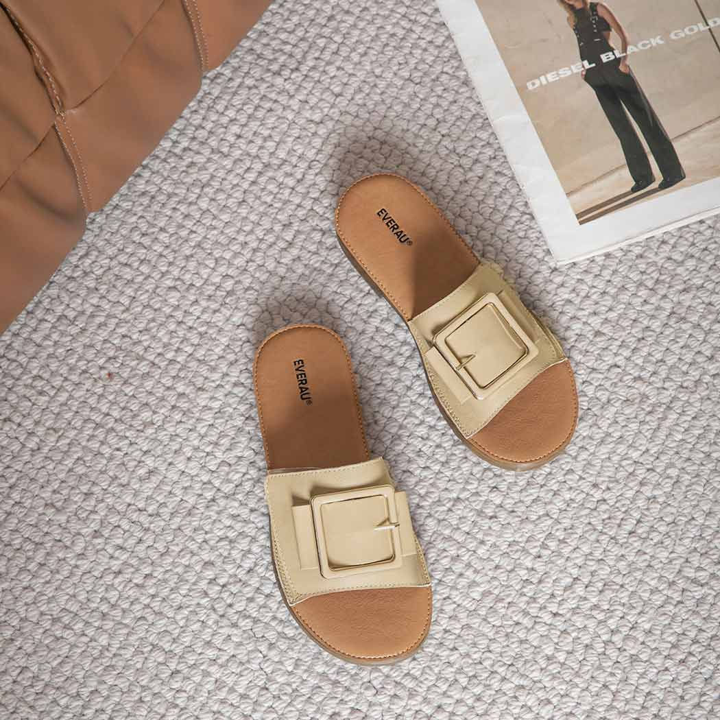 EVERAU® Women Leather Buckle Adjustable Ultra Soft Flat Slides Bera EA 7034