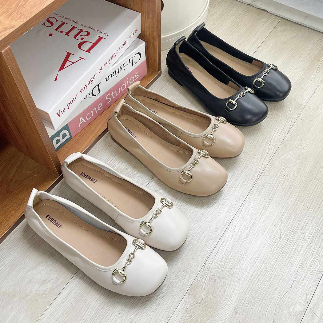 EVERAU® Women Leather Round Toe Metal Buckle Ultra Soft Ballet Flats EA 7047