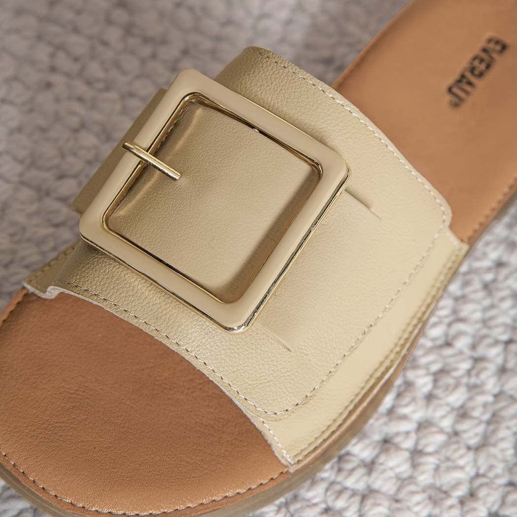 EVERAU® Women Leather Buckle Adjustable Ultra Soft Flat Slides Bera EA 7034