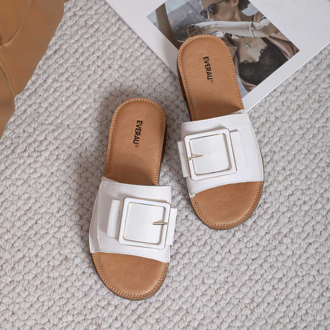 EVERAU® Women Leather Buckle Adjustable Ultra Soft Flat Slides Bera EA 7034